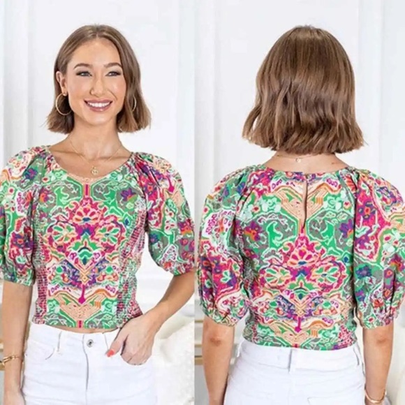 NWT Cleobella Aminah Puff sleeve Top. Panama Print - Picture 2 of 4
